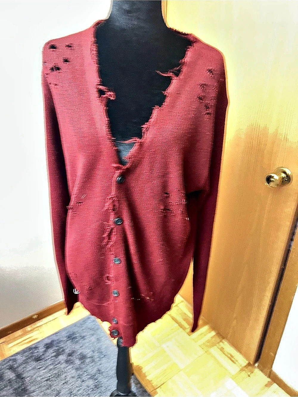 First of a Kind Distressed Button-Front Cardigan in Red
